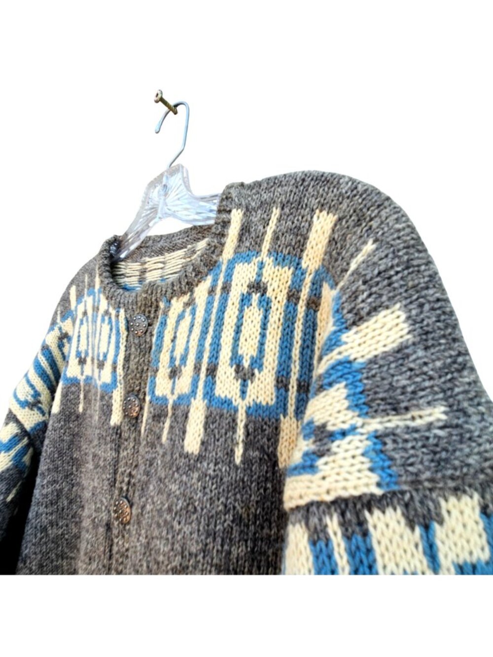 Vintage Hand Knit Nordic Wool Cardigan Gray Geometric Unisex XL - Picture 15 of 15